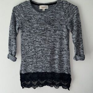 Rewind Heather Gray Knit Top with Black Lace Hem